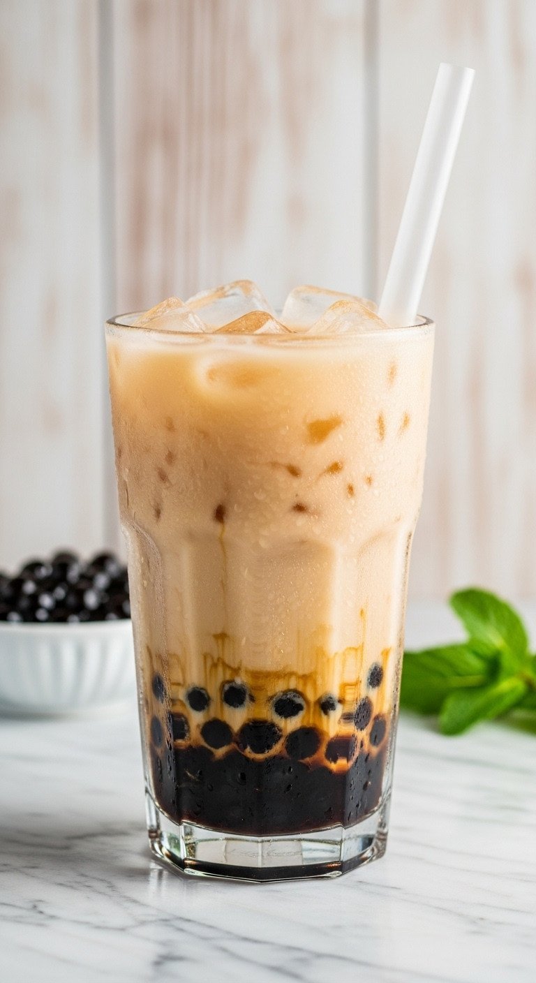 Master The Perfect Boba Tea Recipe For Chewy Pearls 13 Finished boba milk tea glass with dark pearls, ice, creamy tea, boba straw. Refreshing homemade bubble tea drink.