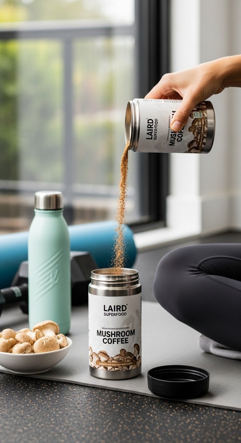 Fitness enthusiast pouring Laird Superfood Mushroom Coffee into a shaker, with yoga mat, water bottle, dumbbells. Pre-workout energy.
