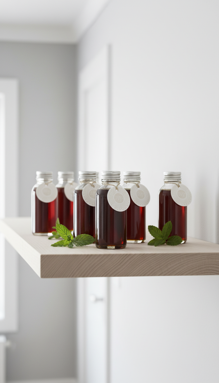 Homemade Peppermint Mocha Coffee Syrup: Master This Recipe 5 Five identical clear glass bottles of dark brown homemade syrup neatly organized on a shelf in a minimalist kitchen.