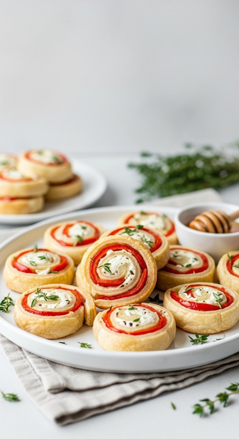 Flaky herbed goat cheese & red pepper pinwheels, bite-sized spirals on white platter with thyme & honey, elegant party appetizers.