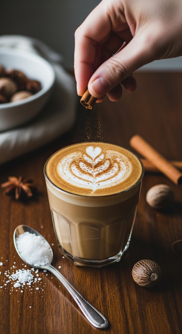 The Genius Brown Sugar Latte Recipe Iced Shaken And Hot Steamed 17 Flaky sea salt, teaspoon, and cinnamon being dusted over a latte for advanced flavor pairing on a wooden surface.