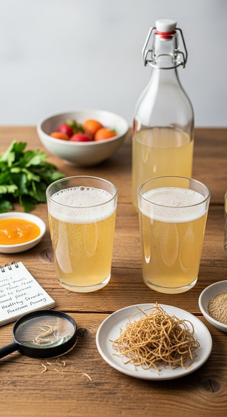 Master Kombucha Home Brewing For Gut Health And Perfect Flavor 16 Flat kombucha versus fizzy kombucha in glasses, with healthy yeast strands, illustrating common brewing issues.