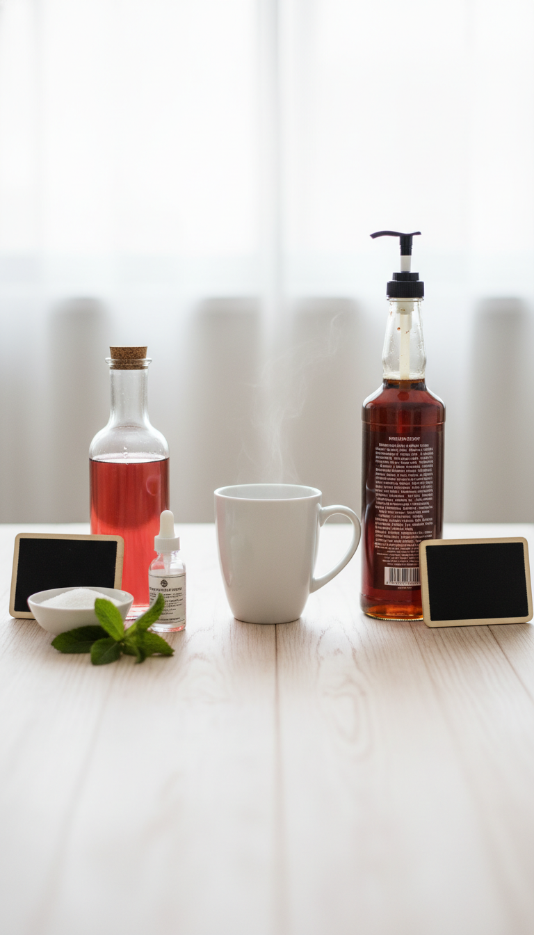 Homemade Peppermint Coffee Syrup Perfect Coffeehouse Taste 13 Flat lay comparing homemade peppermint syrup with ingredients and a commercial syrup bottle, highlighting ingredient differences.
