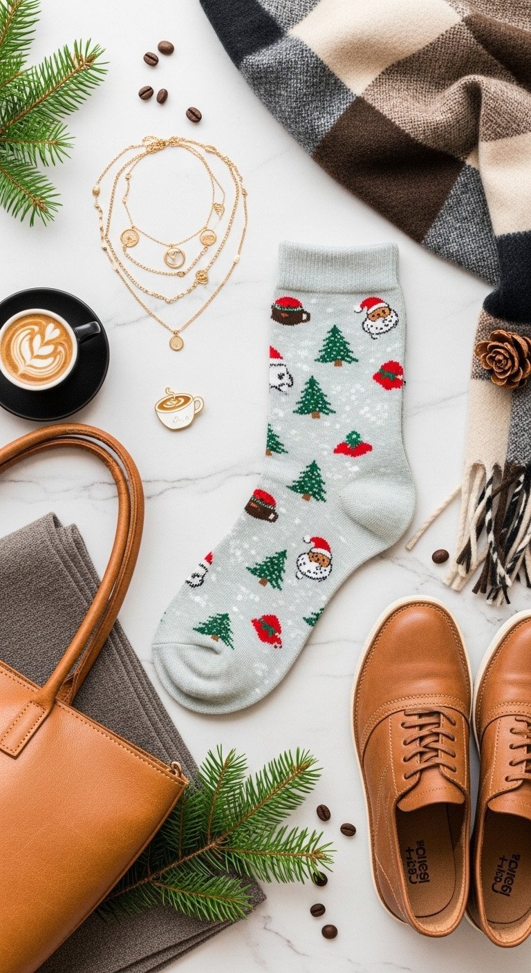 Flat lay of Christmas coffee accessories: themed socks, latte art pin, gold jewelry, plaid scarf, leather tote.