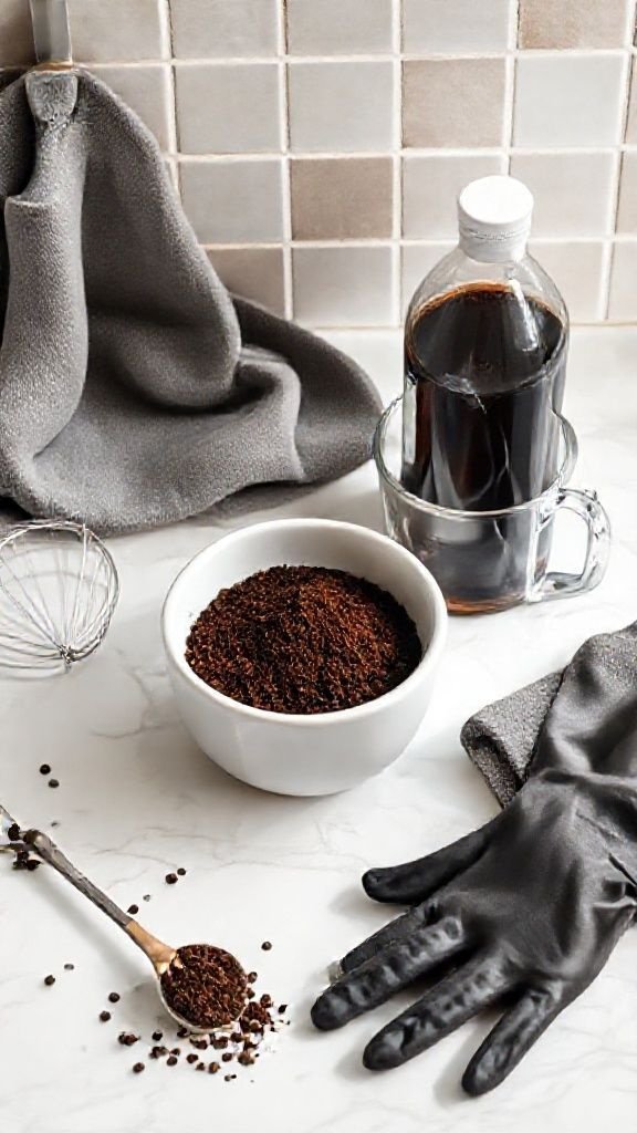 The Proven Coffee Hair Dye Recipe For A Natural Brown Tint 1 Flat lay of DIY coffee hair mask ingredients in bowls on a white marble counter, including coffee grounds and conditioner.