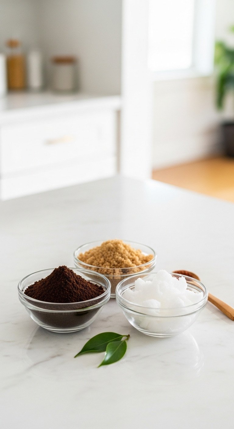 Flat lay of DIY coffee scrub ingredients in glass bowls: organic coffee grounds, brown sugar, and coconut oil on marble.