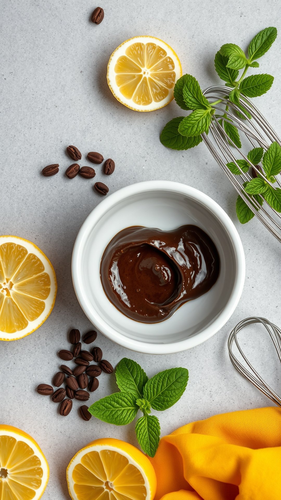 7 Coffee Face Mask Recipes For Instantly Radiant Skin 9 Flat lay of a DIY coffee and lemon brightening face mask in a white bowl with a whisk, fresh lemon slices, and mint leaves.