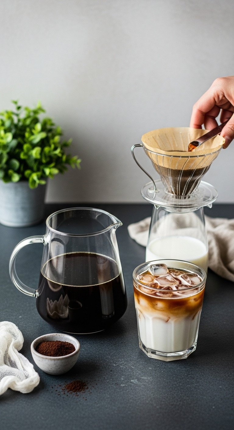 Flat lay of a cold brew coffee pitcher, finished glass with milk, and coffee grounds on a dark slate surface for a recipe.