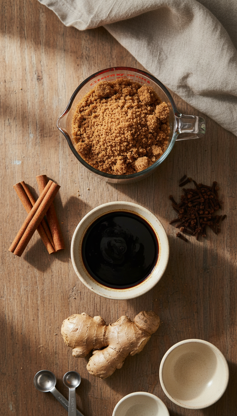 Best Homemade Gingerbread Coffee Syrup: Starbucks Copycat 1 Flat lay of homemade gingerbread syrup raw ingredients: brown sugar, molasses, cinnamon sticks, cloves, fresh ginger on rustic wood.