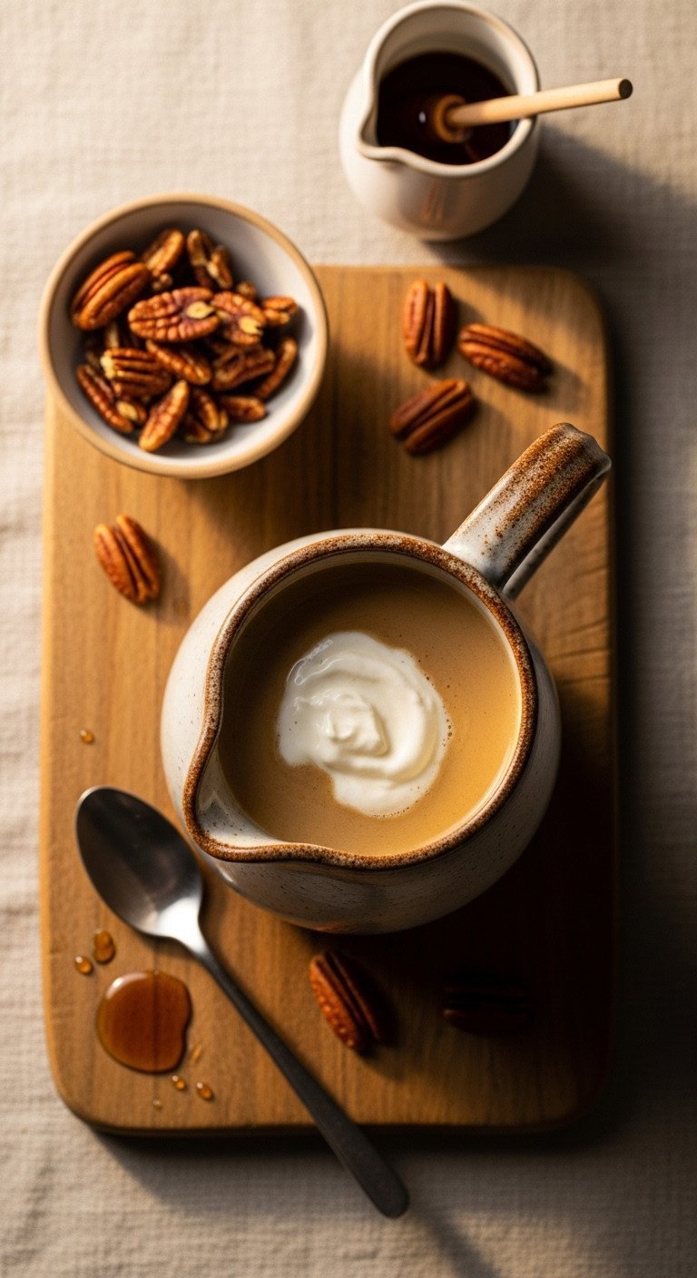 The Easiest Coffee Creamer Recipe With 11 Flavor Ideas 21 Flat lay of maple pecan coffee creamer in a pitcher with toasted pecans and a drizzle of maple syrup on a wood board.