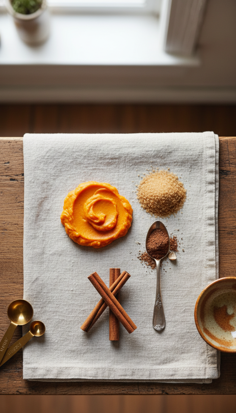 Flat lay of pumpkin spice syrup ingredients: vibrant pumpkin puree, cinnamon sticks, nutmeg, brown sugar, measuring spoons on wood.