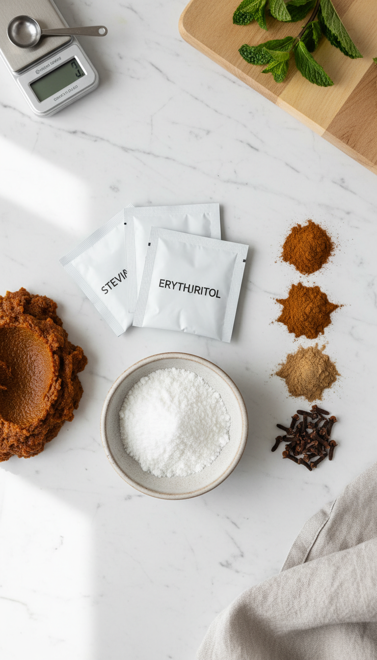 Flat lay of sugar-free pumpkin spice syrup ingredients: white sweetener, pumpkin puree, dark spices on marble. Healthy.
