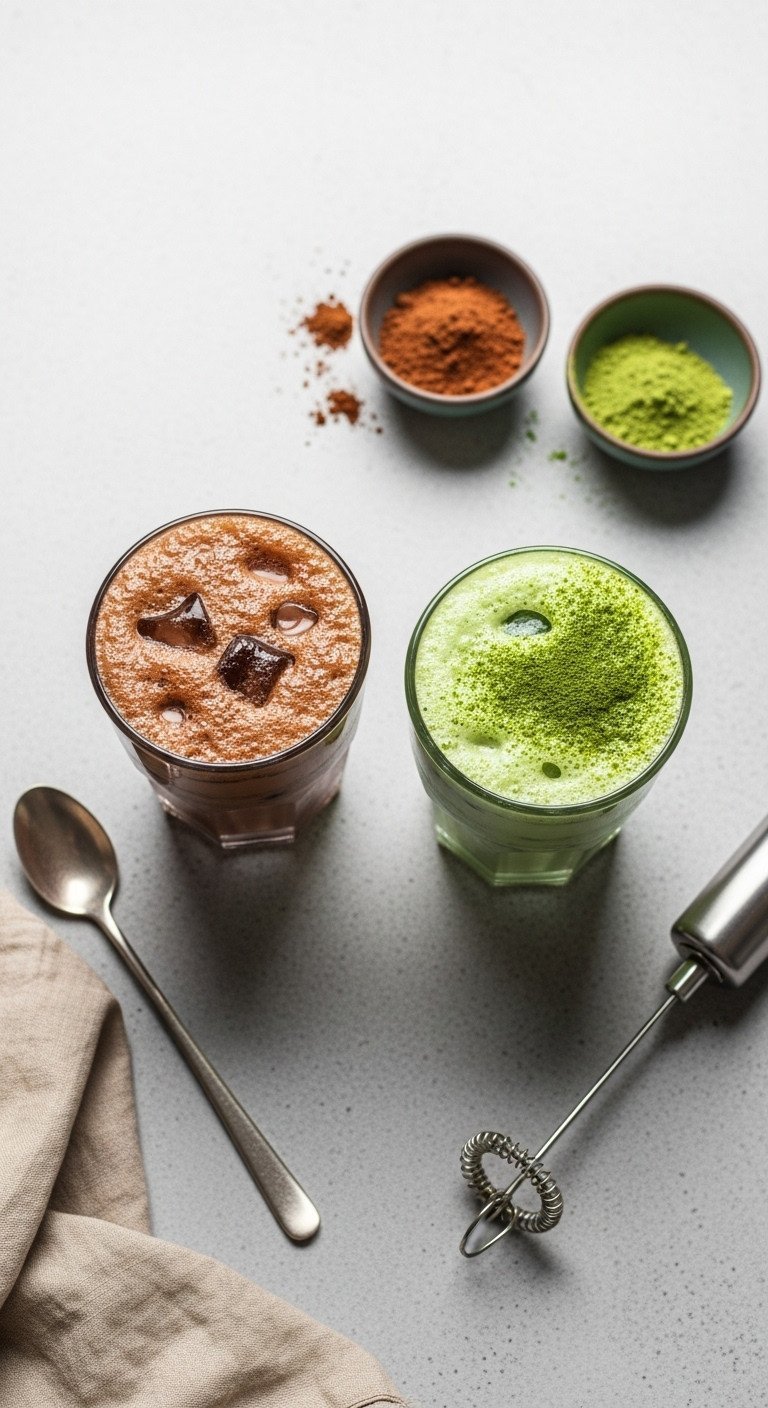 Flat lay of two iced coffees with flavored toppings: one with rich chocolate mocha cold foam and one with green matcha foam.