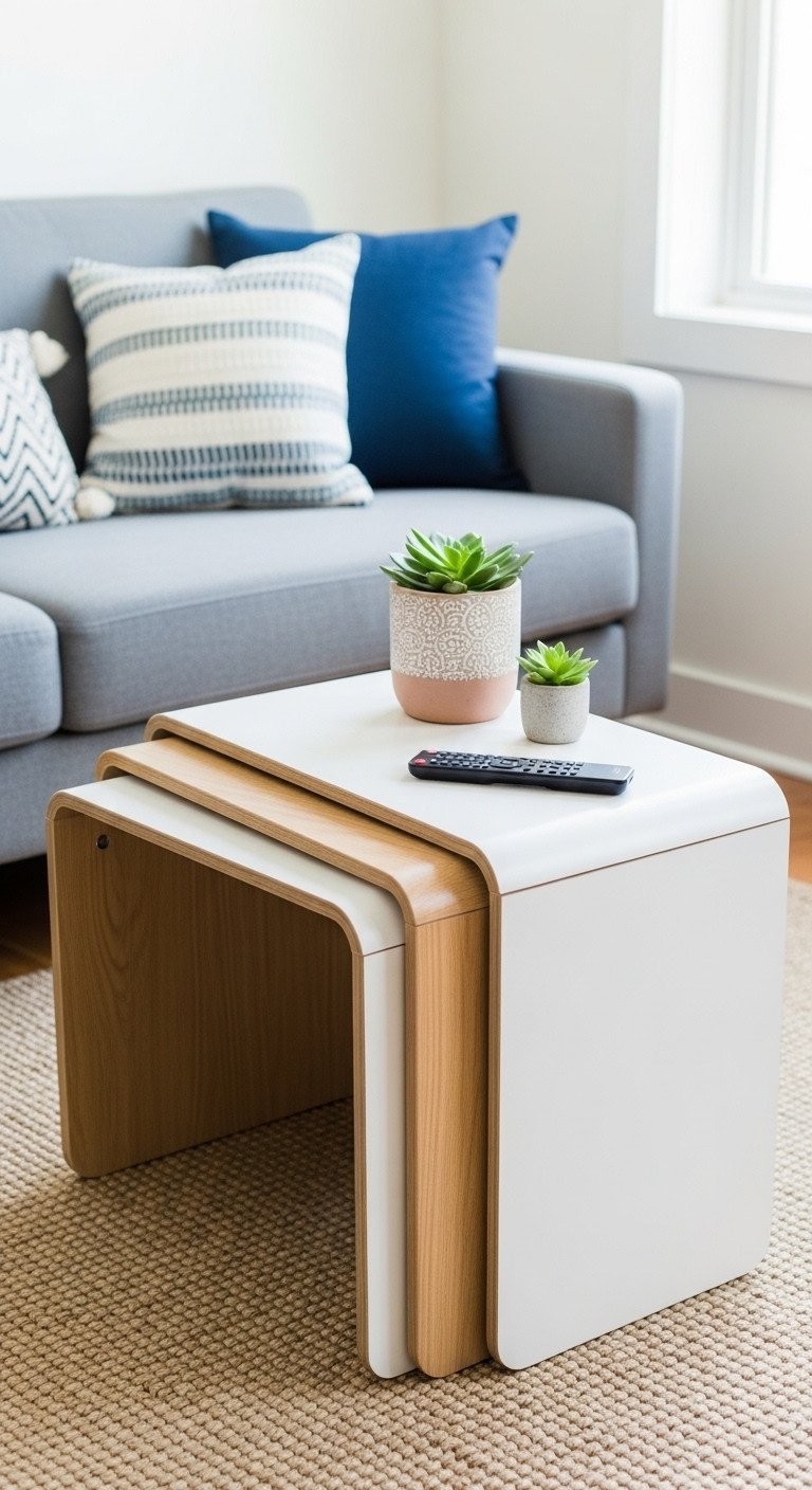 Flexible nesting curved coffee tables, wood and white, for small spaces, styled with succulents and a remote.