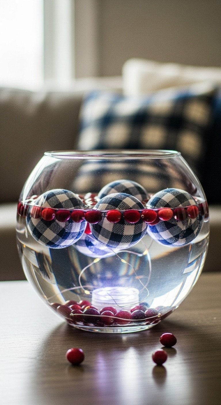 Floating buffalo plaid ornaments and cranberries in a glass bowl with LED light on a modern coffee table, elegant decor.