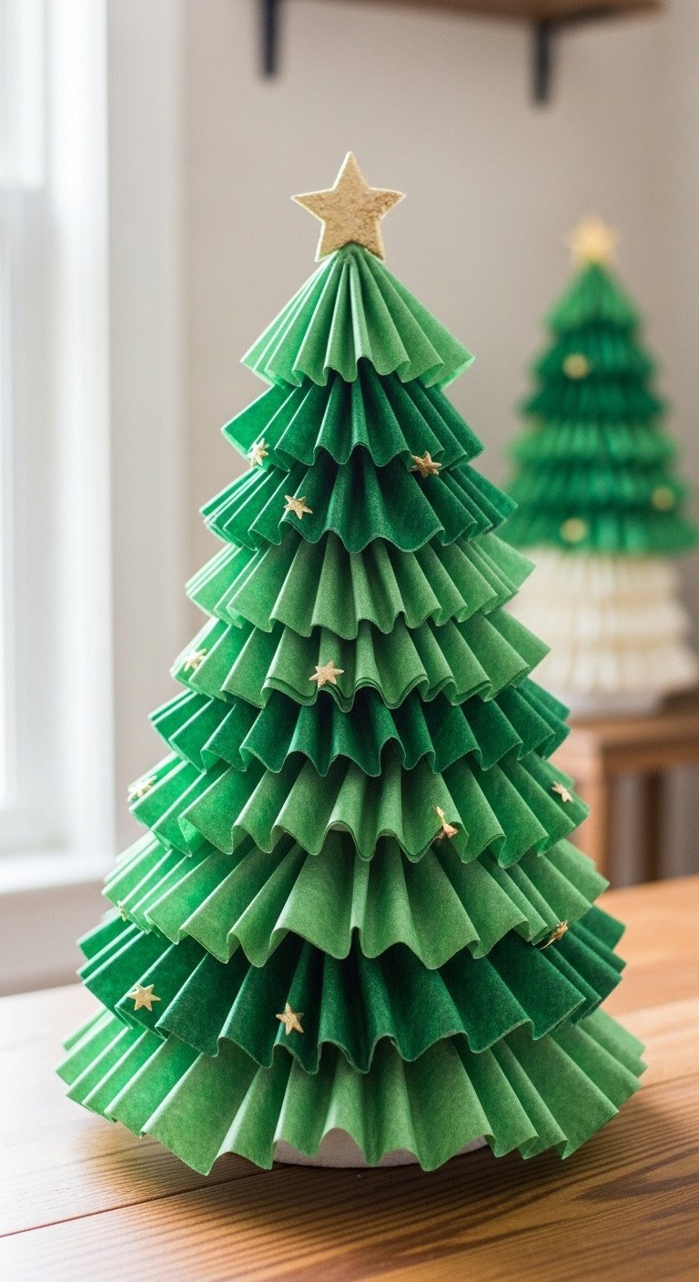 Fluffy green coffee filter tabletop Christmas tree with star embellishments on rustic wooden table. Cozy DIY holiday decor.