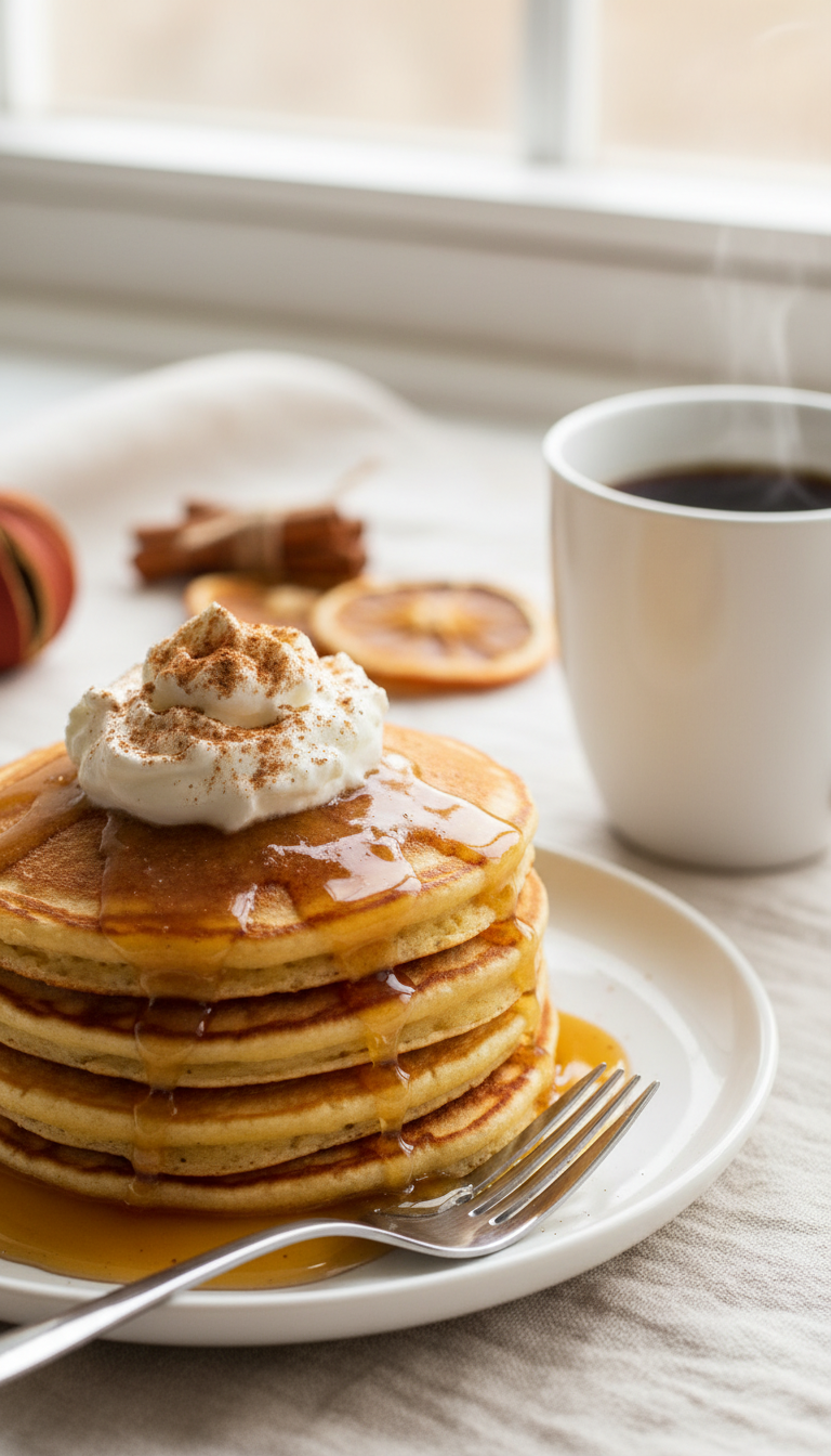 Fluffy pancakes drizzled with homemade apple coffee syrup, whipped cream, and cinnamon for breakfast.