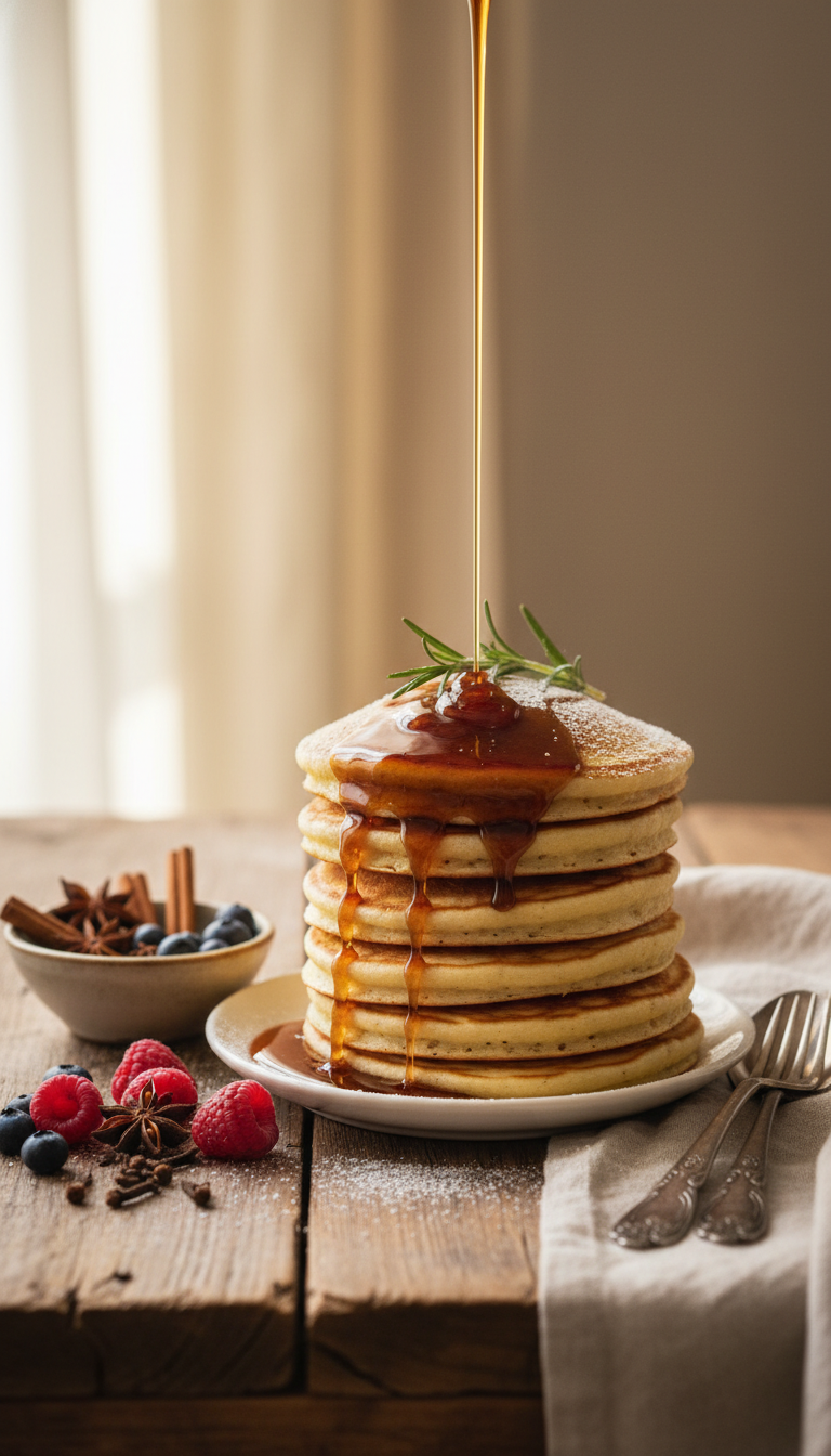 Best Homemade Gingerbread Coffee Syrup: Starbucks Copycat 13 Fluffy pancakes drizzled with thick, rich homemade gingerbread syrup, next to spices and fresh berries on a rustic wooden table.
