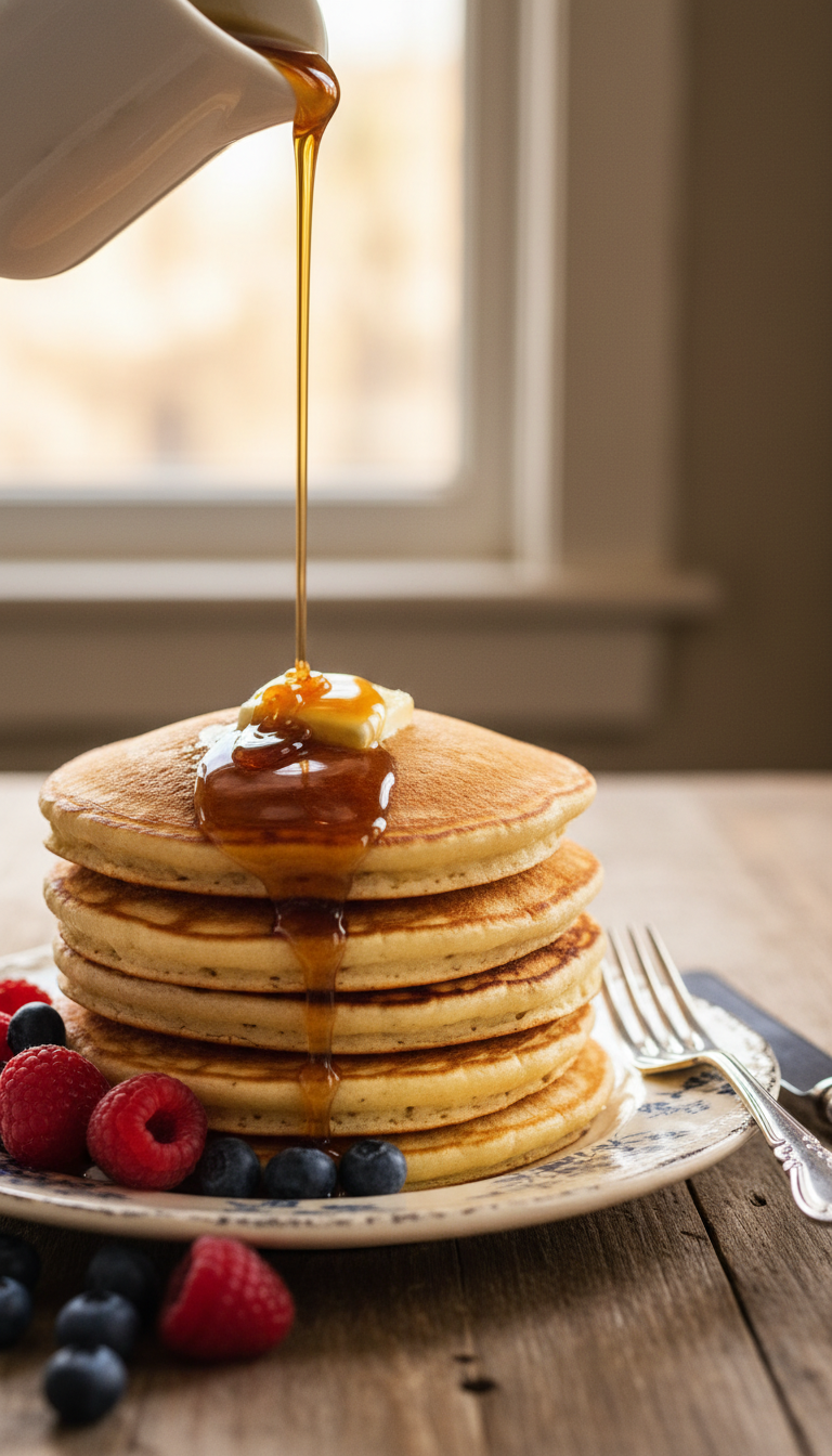 Fluffy pancakes generously drizzled with rich brown sugar syrup, showcasing a delicious dessert topping.