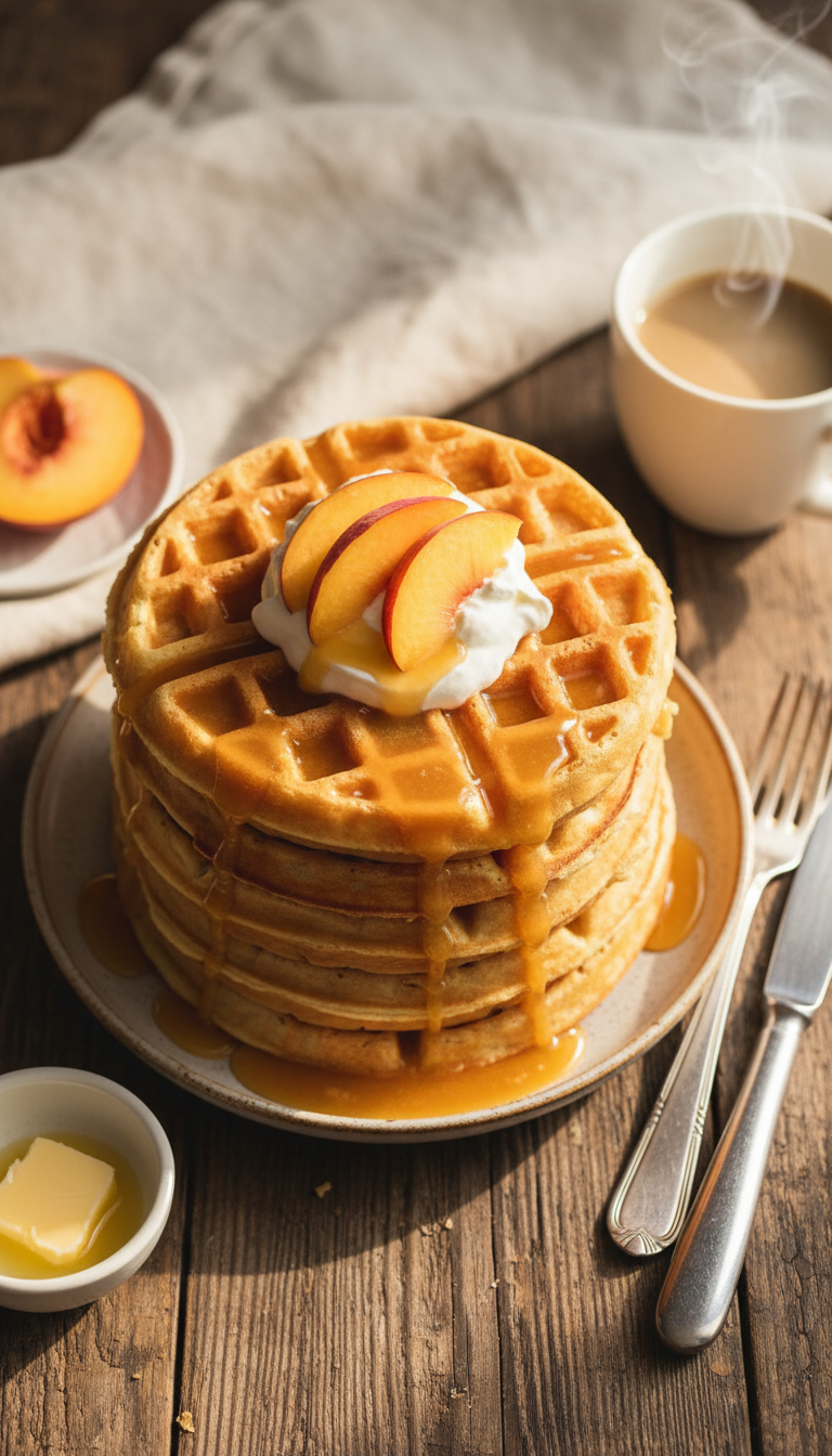 Easy Homemade Peach Coffee Syrup for Perfect Lattes 5 Fluffy pancakes with golden peach syrup, whipped cream, and fresh peach slices on a rustic wooden table. Delicious breakfast.