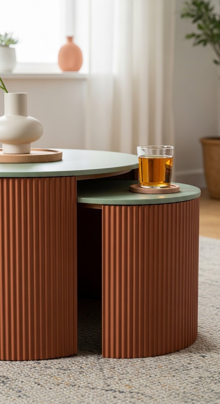 Genius Fluted Coffee Table Storage Ideas For Modern Homes 9 Fluted nesting coffee tables, partially separated, showing space-saving design. Modern living room, natural wood accents.