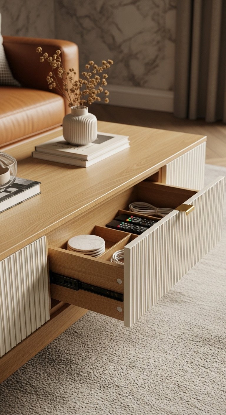 Genius Fluted Coffee Table Storage Ideas For Modern Homes 5 Fluted rectangular coffee table, drawer open, displaying organized essentials like remotes. Stylish living room, warm golden hour light.