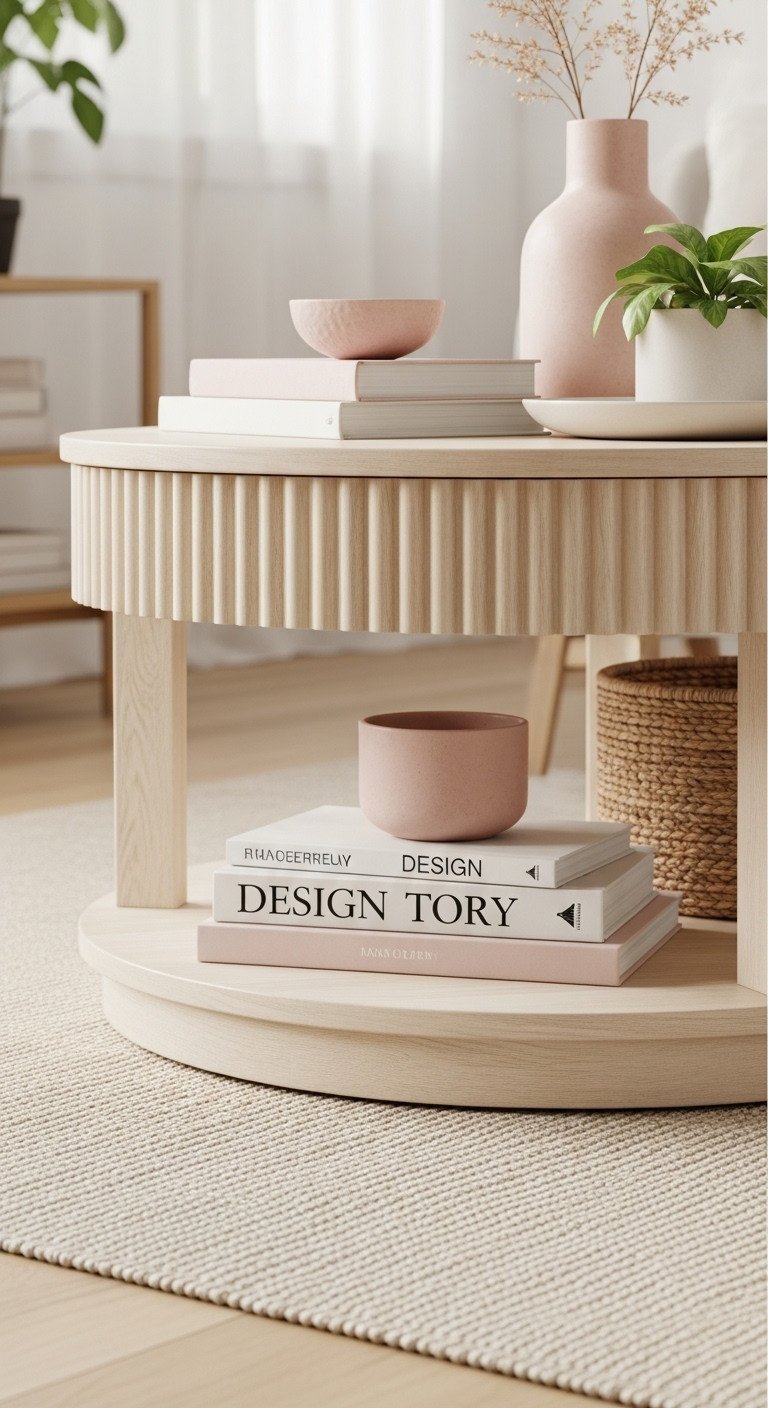 Genius Fluted Coffee Table Storage Ideas For Modern Homes 7 Fluted round coffee table with open shelf for books and decor. Bright, airy minimalist living room, white and light wood tones.
