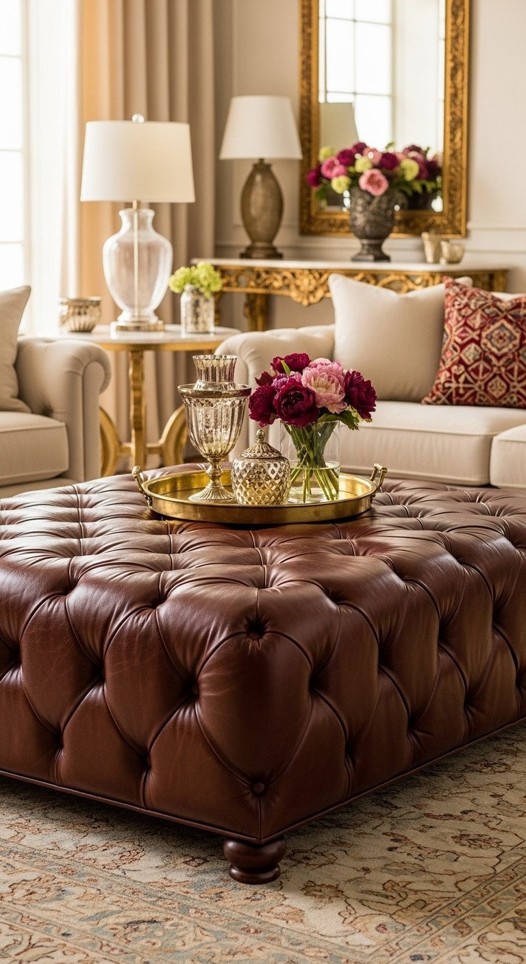 Elevate Your Space With A Luxurious Leather Coffee Table 4 Formal tufted rectangular burgundy leather cocktail table with deep diamond tufting and brass tray in a traditional living room.