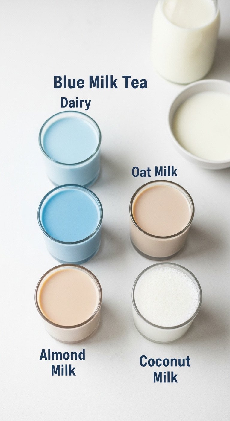 Blue Milk Tea Recipe And Secrets For Perfect Boba 13 Four blue milk teas in glasses showcasing different milk bases: dairy, oat, almond, coconut. Ideal for dairy-free tea lovers.