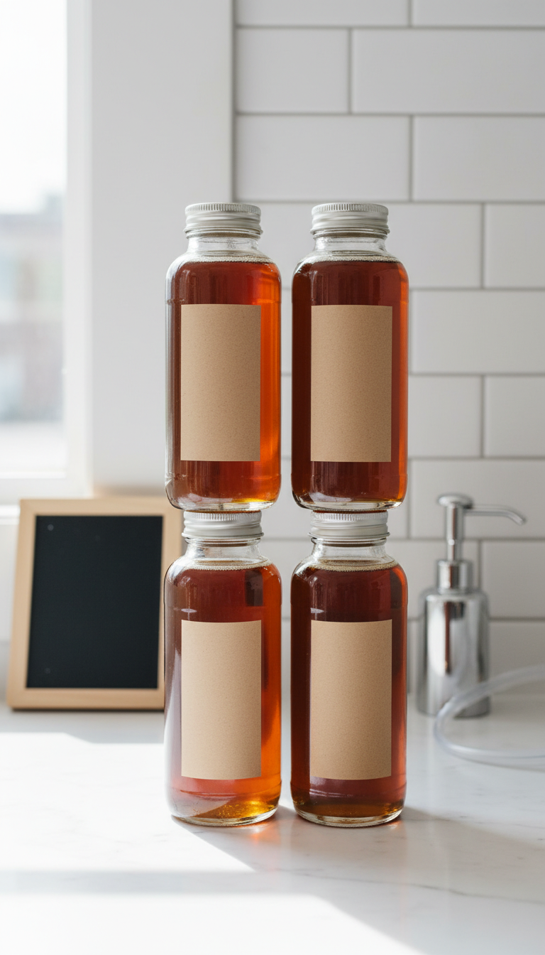 Best Homemade Gingerbread Coffee Syrup: Starbucks Copycat 7 Four identical glass bottles of deep amber gingerbread syrup, neatly sealed and labeled, arranged symmetrically on a marble countertop.