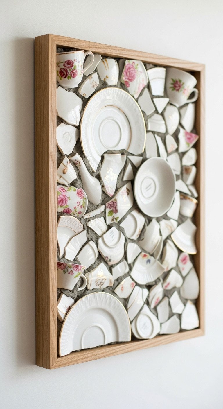 11 Tea Cup Upcycle Ideas Master China Drilling and Permanent Bonds 13 Framed mosaic wall art made from broken vintage china, preserving sentimental teacup and saucer fragments with grout.