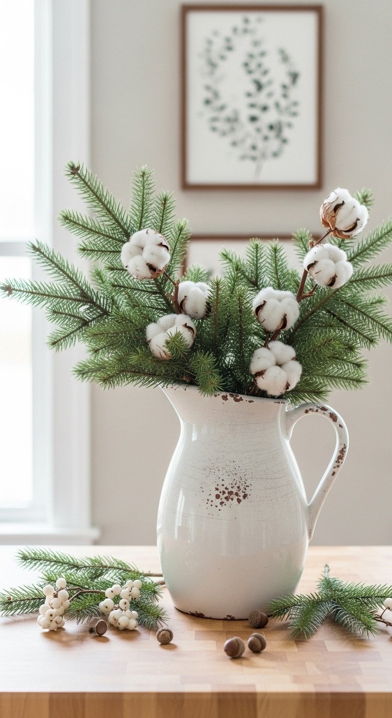 French country Christmas coffee table centerpiece: distressed white ceramic pitcher with natural pine branches and white cotton bolls for simple elegance.