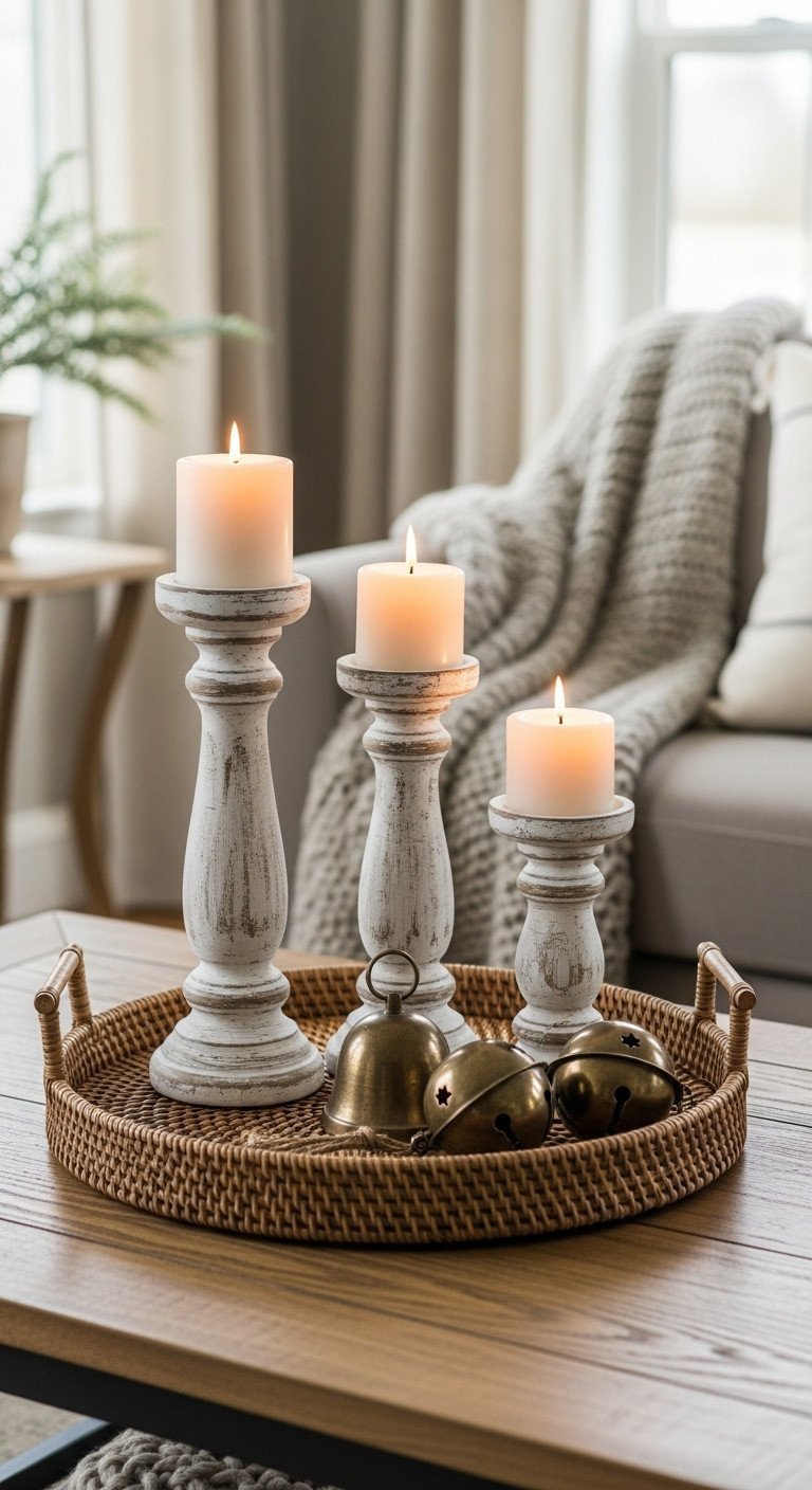 French country Christmas coffee table decor features distressed white pillar candlesticks with flickering candles, brass bells on a rattan tray, exuding rustic elegance.