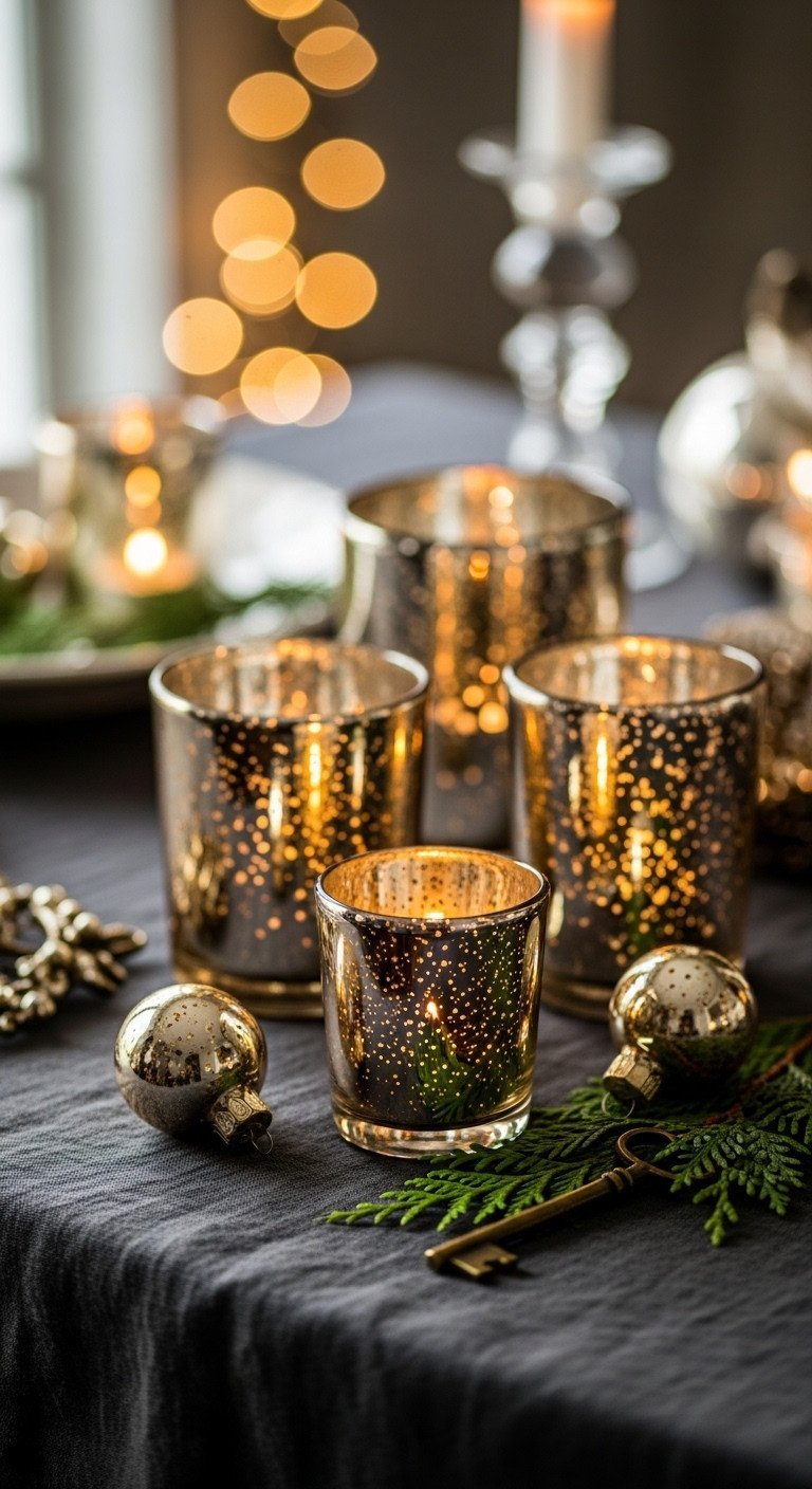 French country Christmas coffee table decor showcases antique mercury glass votives and gilded ornaments glowing with warm candlelight on dark linen.