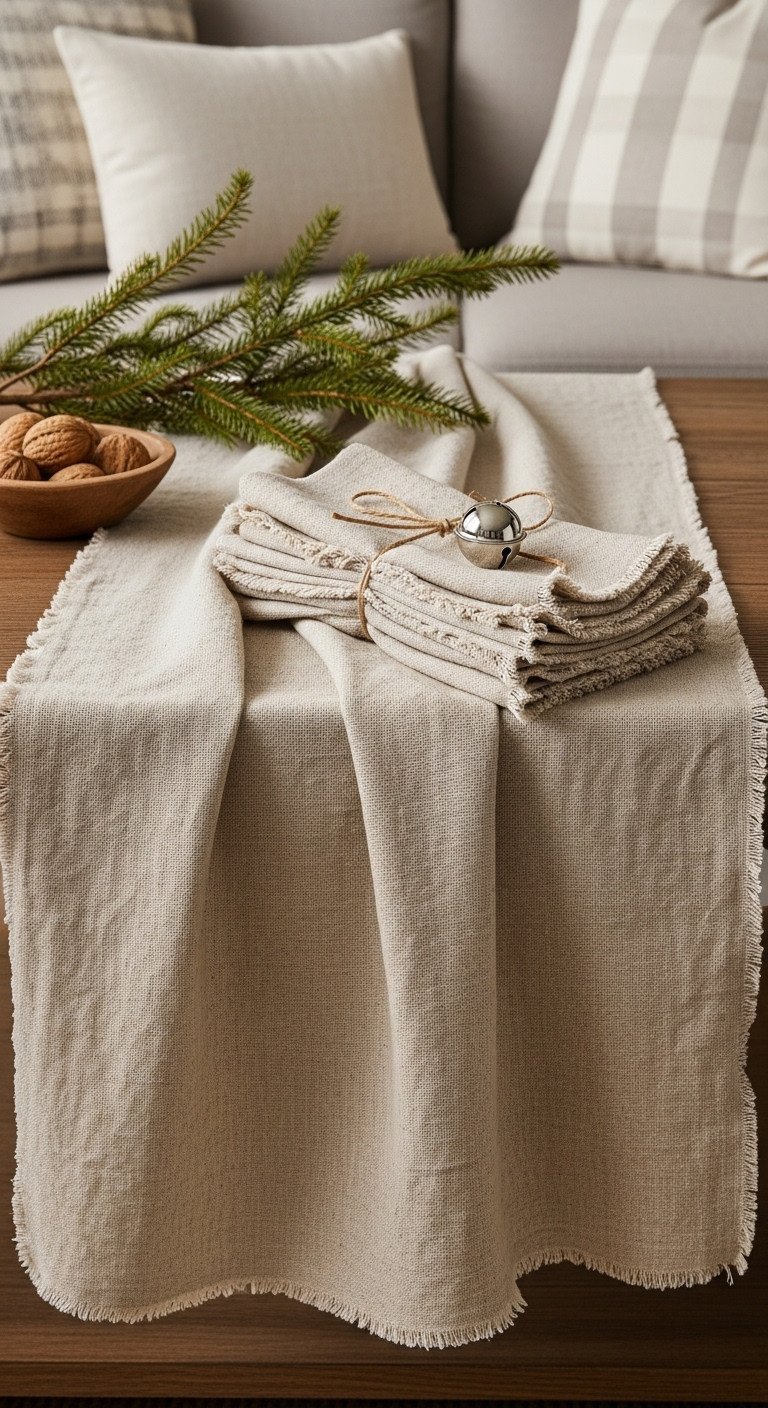 French country Christmas coffee table features a crinkled natural linen runner and frayed napkins tied with twine, creating a cozy holiday vibe.