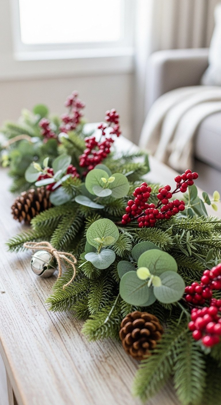 French country Christmas coffee table features a dense evergreen garland, dusty eucalyptus, and red berries, accented with pinecones and a silver jingle bell.