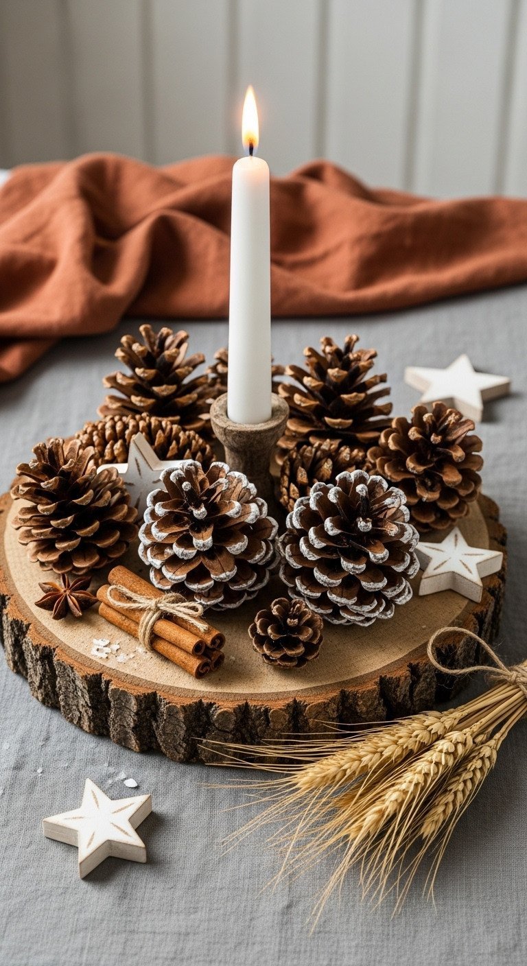 French country Christmas coffee table rustic centerpiece: weathered wood slice with natural pinecones, cinnamon sticks, and whitewashed stars for wood accents.