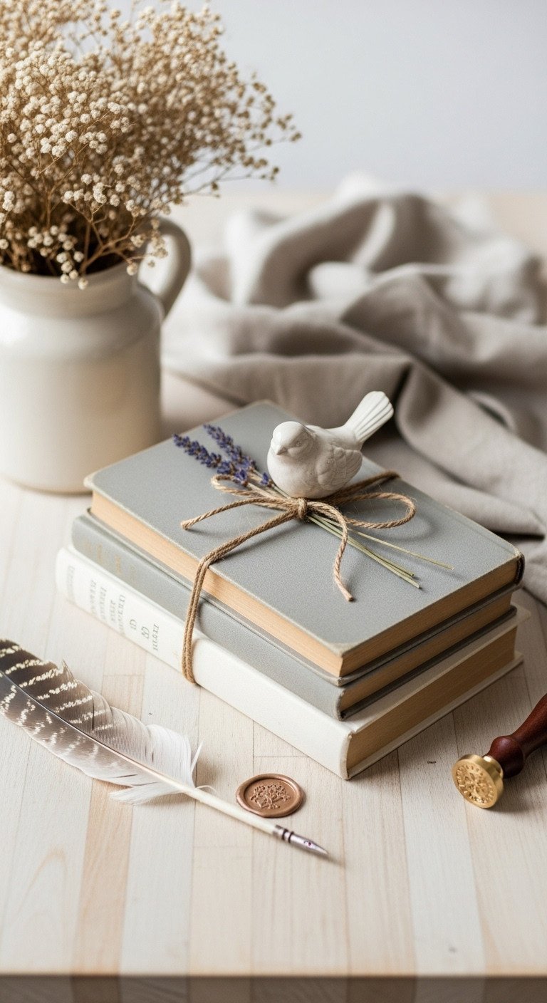 French country Christmas coffee table vignette: vintage neutral books tied with twine, topped with a ceramic bird and dried lavender for a timeless aesthetic.