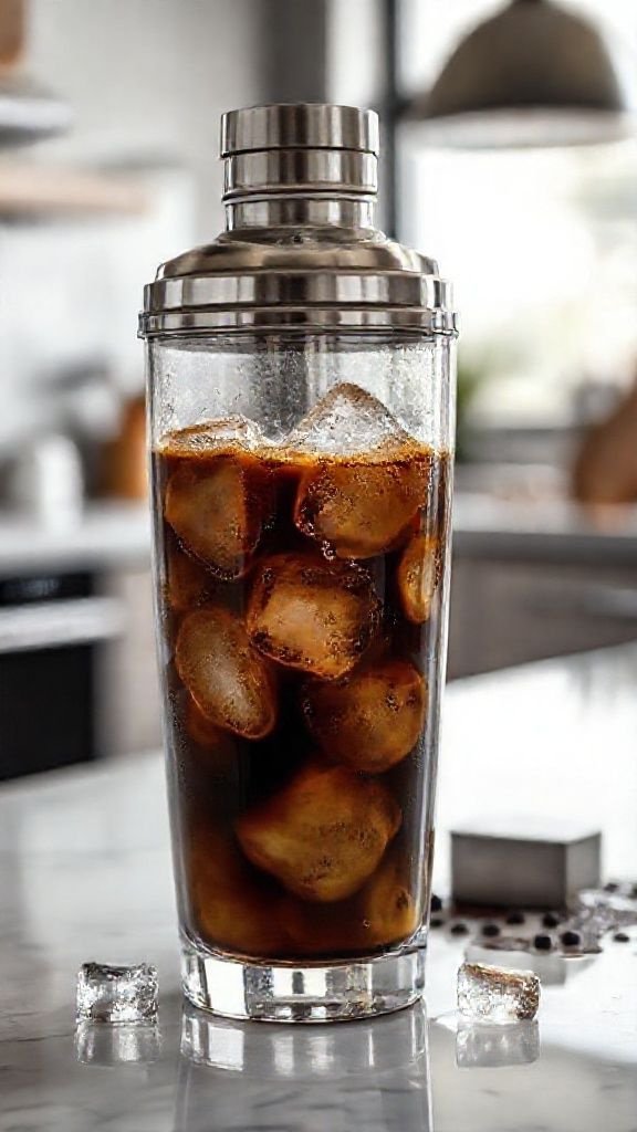 French press with steaming dark coffee on a rustic wood table with scattered coffee beans and a ceramic mug in a warm, cozy kitchen.