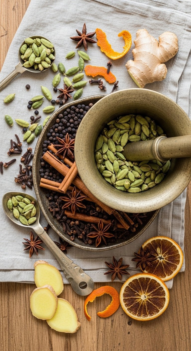 Chai Latte Recipe Master The Perfect Spice And Froth 3 Fresh chai masala spices: cardamom, cinnamon, peppercorns, star anise, cloves, with bronze mortar & pestle on rustic wood.