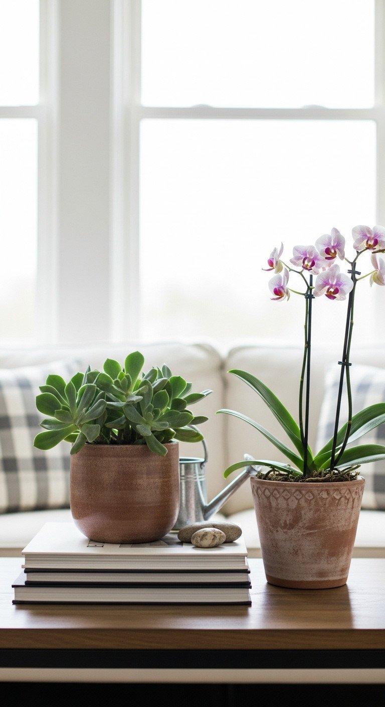 Fresh coffee table decor: vibrant succulent plant in ceramic pot on stacked books, dark wood table.