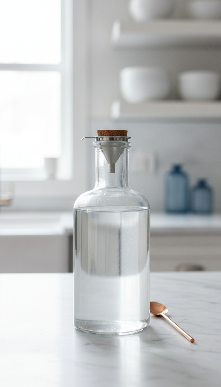 Homemade Stevia Coffee Syrup Easy Sugar-Free Recipe 1 Fresh homemade clear liquid stevia simple syrup in corked glass bottle, funnel, spoon on marble counter, bright kitchen.