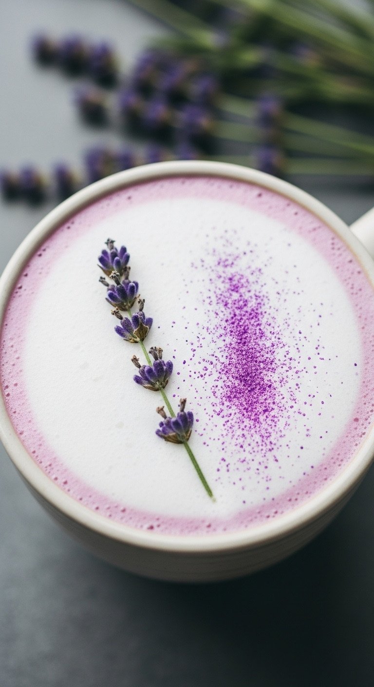 Lavender Latte Expert Guide Hot Or Iced With Tested Ratios 13 Fresh lavender sprig and edible purple glitter adorning a hot lavender latte with white microfoam in a ceramic mug.