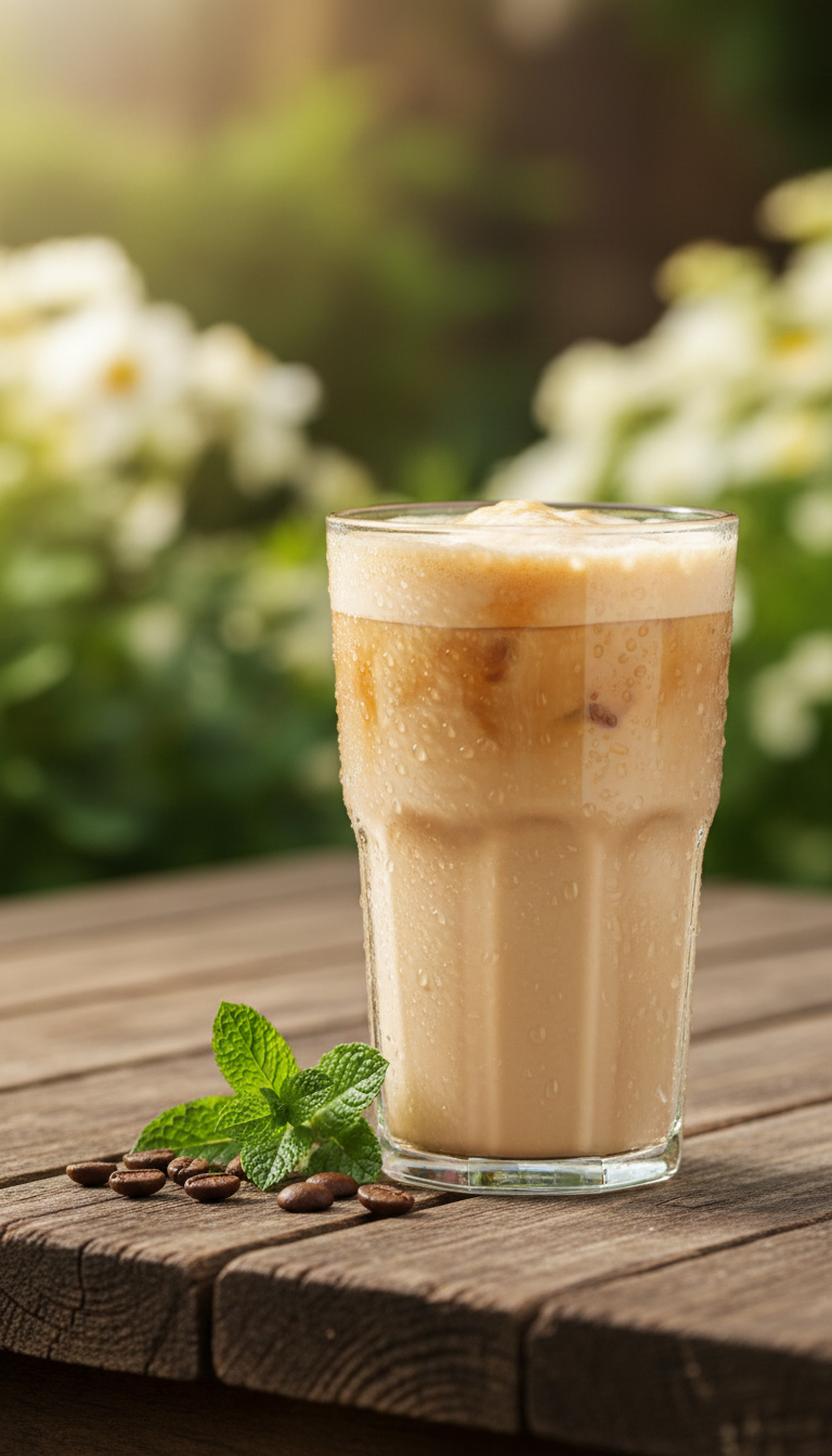 Fresh non-dairy iced coffee, oat milk, butter pecan swirl in glass jar with condensation, set in blurred outdoor garden.