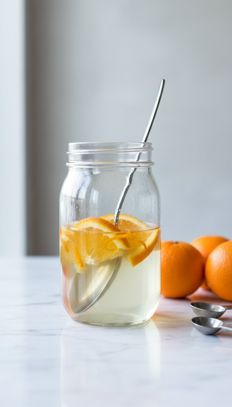 Homemade Orange Coffee Syrup: Easy Recipe for Lattes 5 Fresh orange slices, zest, and syrup in a mason jar with a spoon on a white marble counter, bright daylight, measuring spoons.