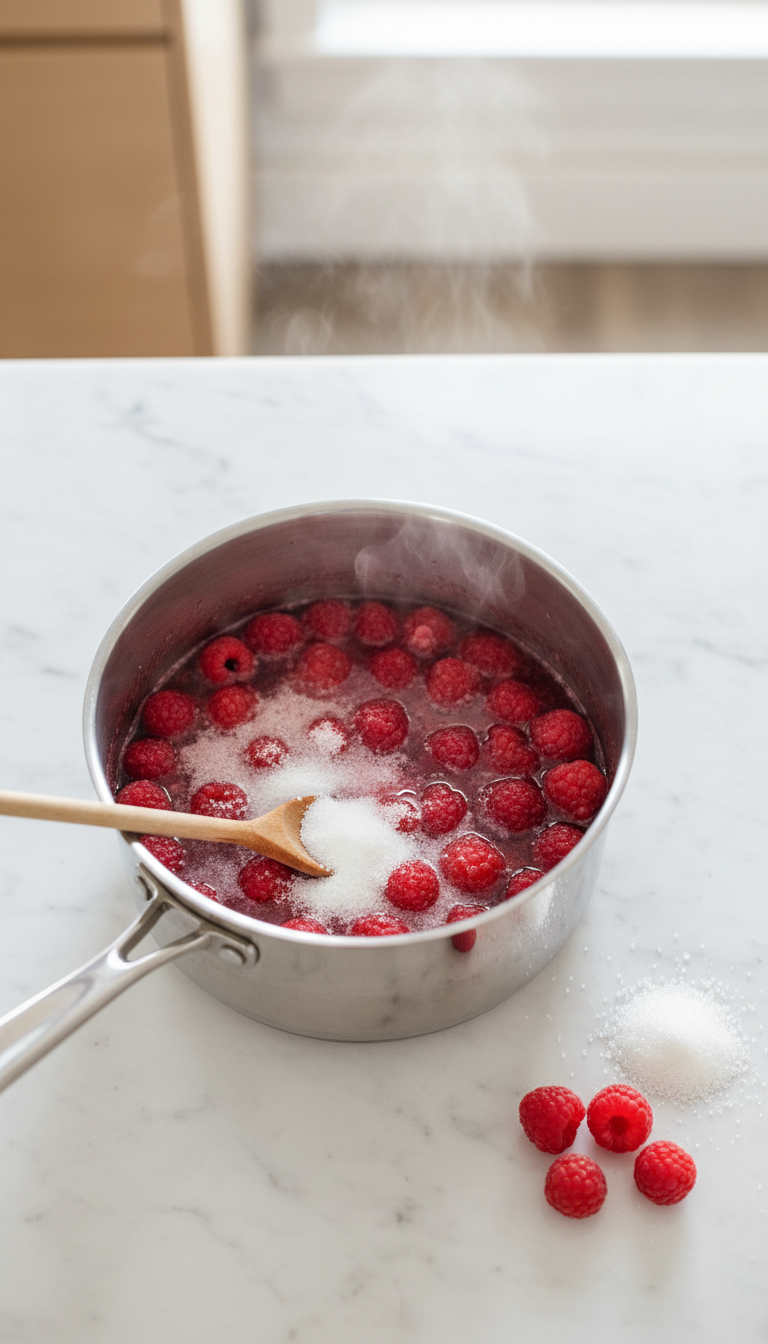 Homemade Raspberry Coffee Syrup: 7 Essential Recipes 1 Fresh raspberries and cane sugar simmer in a stainless steel saucepan on a marble counter, making vibrant red syrup. Features spoon, sugar, berries.