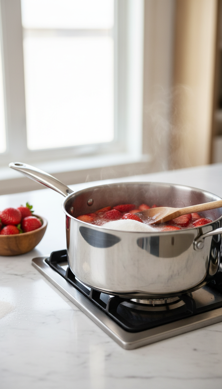 Simple 3-Ingredient Strawberry Coffee Syrup Recipe 1 Fresh red strawberry slices, white sugar, and water in a gleaming stainless steel saucepan on a burner, steaming gently. Homemade strawberry syrup prep in a bright kitchen.