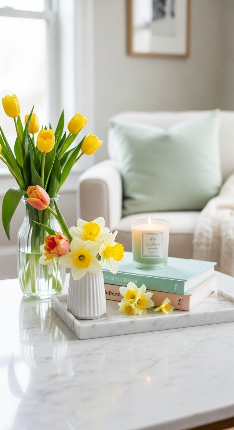 Fresh spring coffee table decor: white marble table, tray with vibrant tulips, pastel books, scented candle. Perfect for home staging.