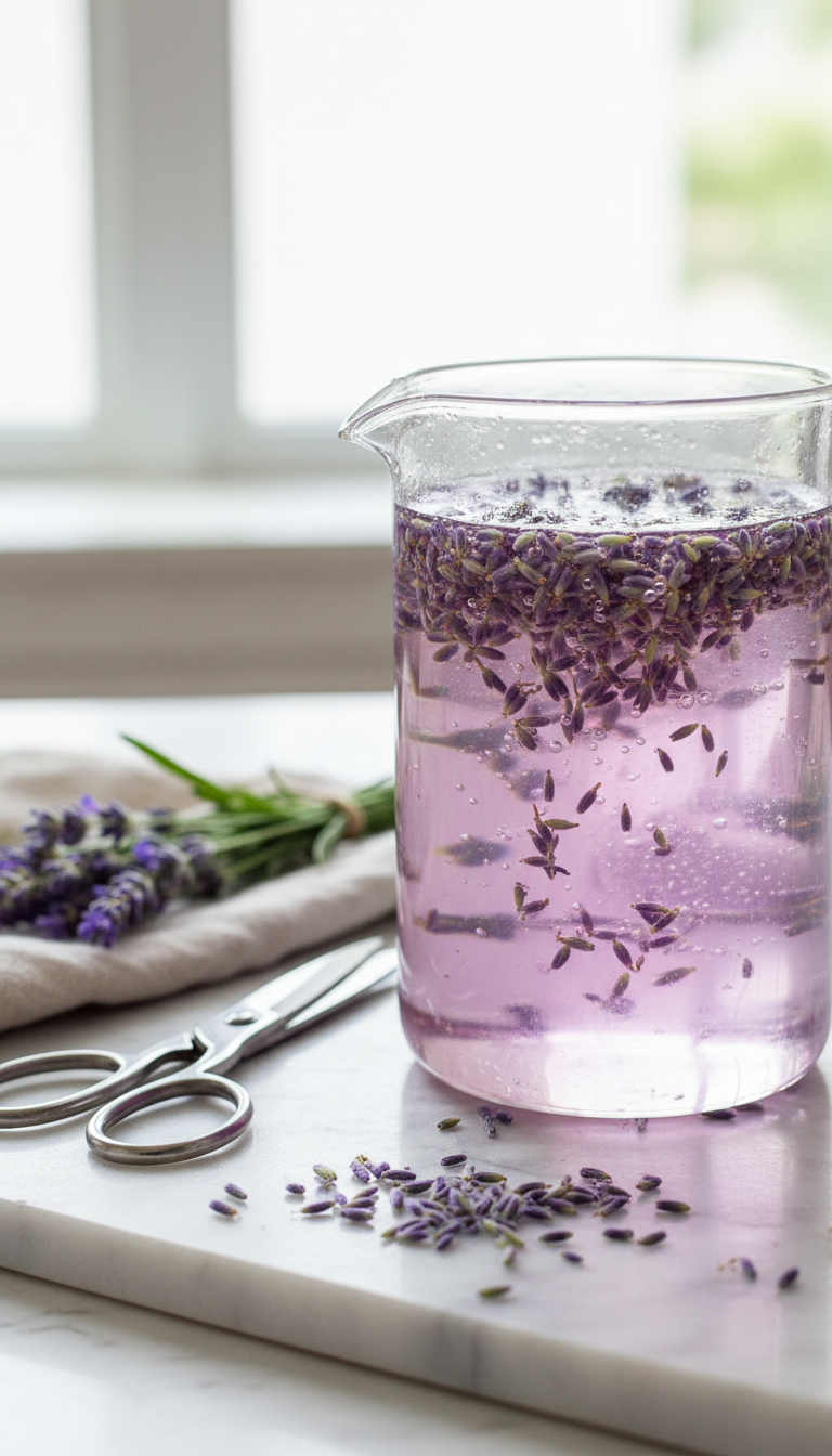 Homemade Lavender Coffee Syrup: Fresh & Dried Guide 3 Fresh vibrant lavender flowers steeping in hot clear simple syrup within a glass jar on a white marble counter.