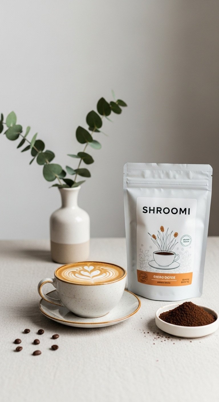 Freshly brewed coffee next to a bag of Shroomi ground coffee on a linen tablecloth with a stem of eucalyptus in a vase.